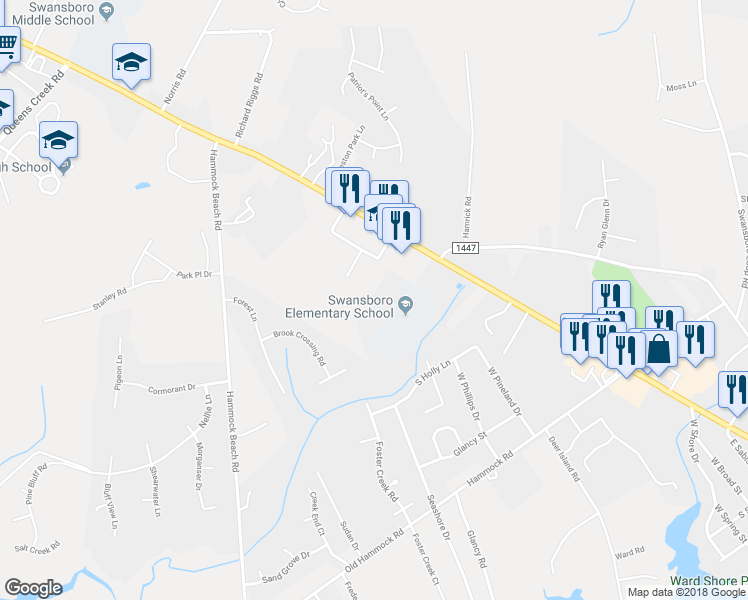 map of restaurants, bars, coffee shops, grocery stores, and more near 12 Port West in Swansboro