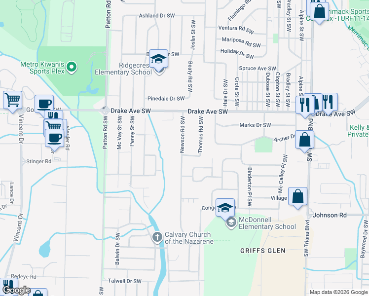 map of restaurants, bars, coffee shops, grocery stores, and more near 3927 Newson Road Southwest in Huntsville