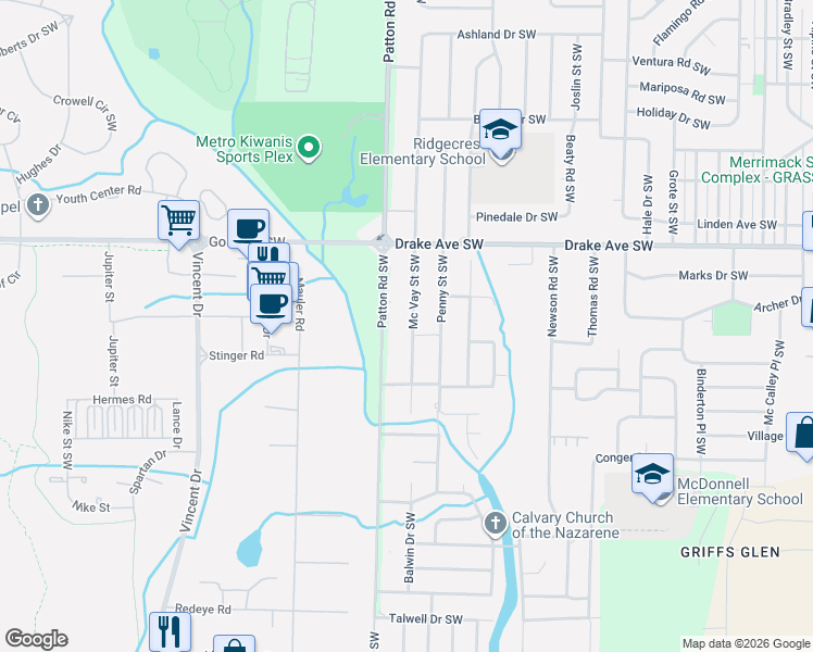 map of restaurants, bars, coffee shops, grocery stores, and more near 4002 Mc Vay Street Southwest in Huntsville