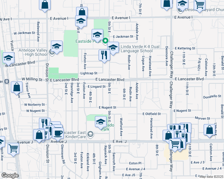 map of restaurants, bars, coffee shops, grocery stores, and more near 506 East Lingard Street in Lancaster