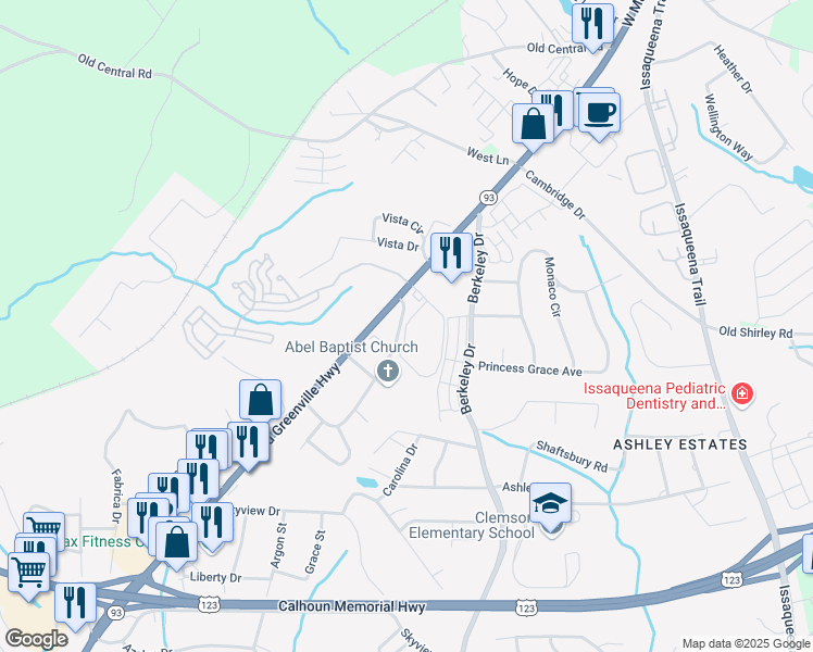 map of restaurants, bars, coffee shops, grocery stores, and more near 1101 Berkeley Place Circle in Clemson