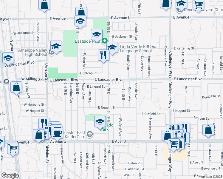 map of restaurants, bars, coffee shops, grocery stores, and more near 506 East Lingard Street in Lancaster