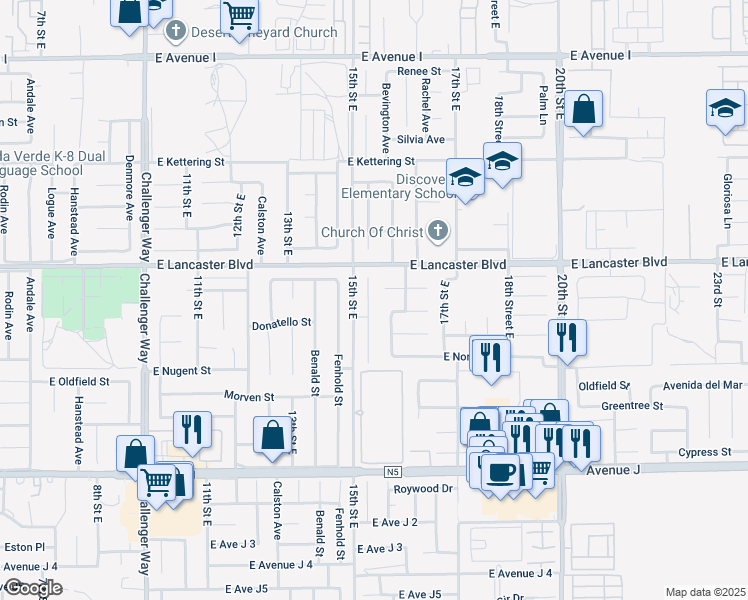map of restaurants, bars, coffee shops, grocery stores, and more near 44718 Foxboro Court in Lancaster