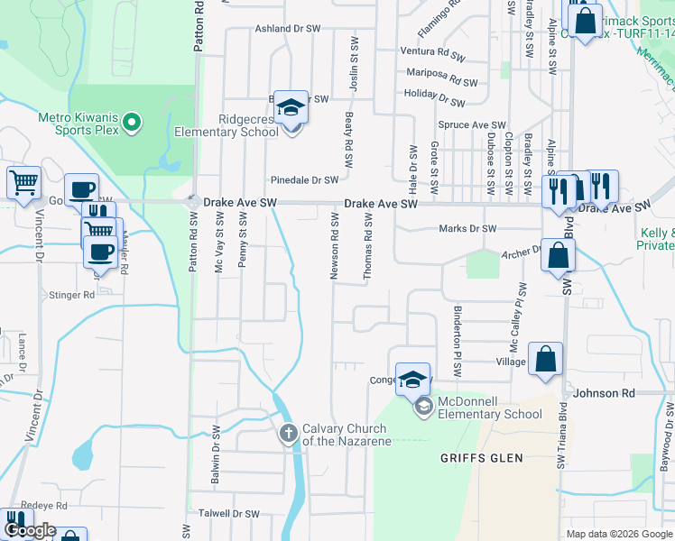 map of restaurants, bars, coffee shops, grocery stores, and more near 3927 Newson Road Southwest in Huntsville