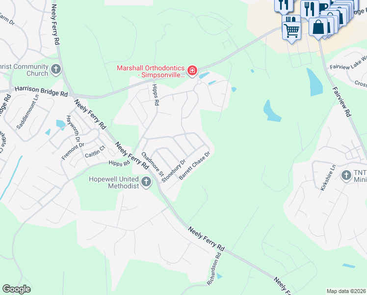 map of restaurants, bars, coffee shops, grocery stores, and more near 817 Camberwell Road in Simpsonville