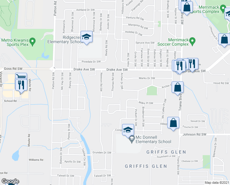 map of restaurants, bars, coffee shops, grocery stores, and more near 3913 Thomas Road Southwest in Huntsville
