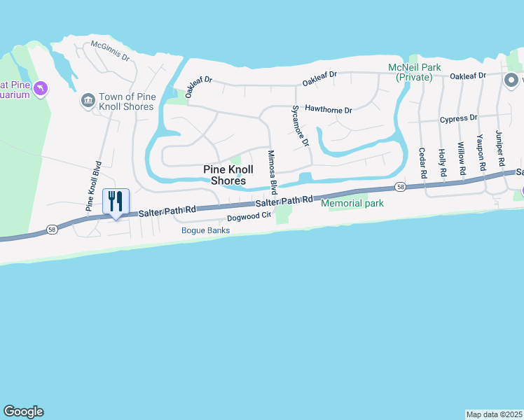 map of restaurants, bars, coffee shops, grocery stores, and more near 110 Dogwood Cir in Pine Knoll Shores