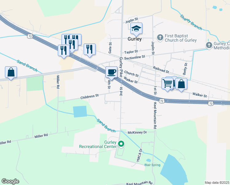 map of restaurants, bars, coffee shops, grocery stores, and more near 130 Childress Street in Gurley