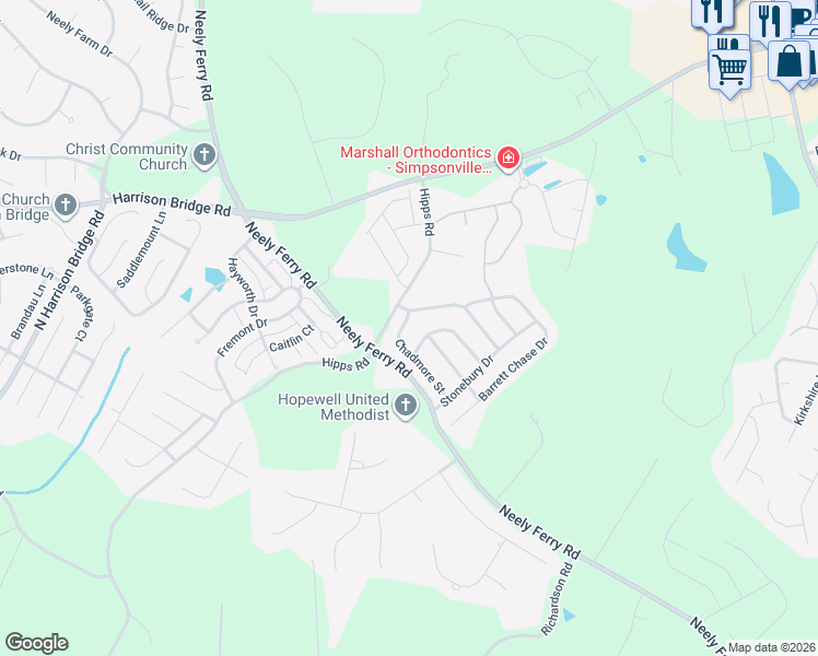 map of restaurants, bars, coffee shops, grocery stores, and more near 19 Dunbrook Drive in Simpsonville