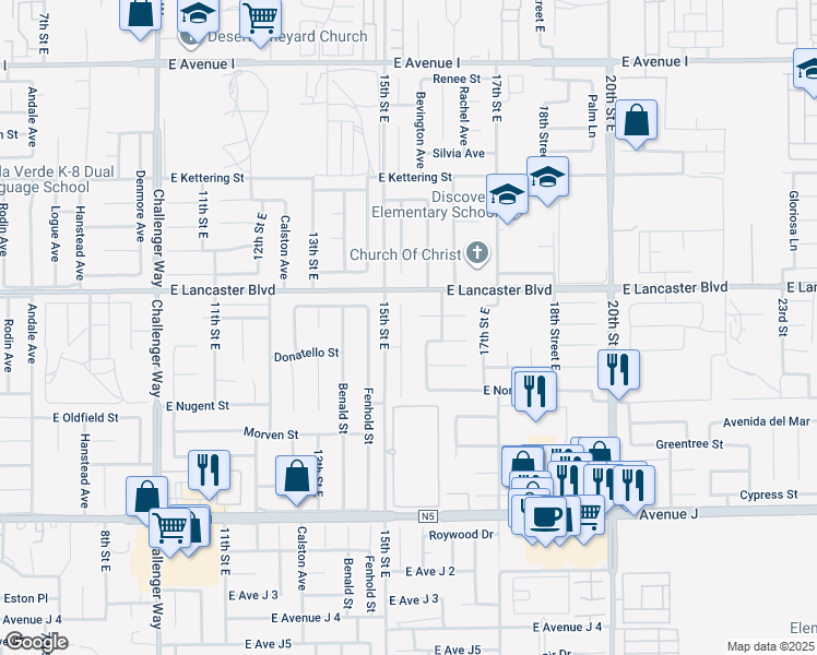 map of restaurants, bars, coffee shops, grocery stores, and more near 44718 Foxboro Court in Lancaster