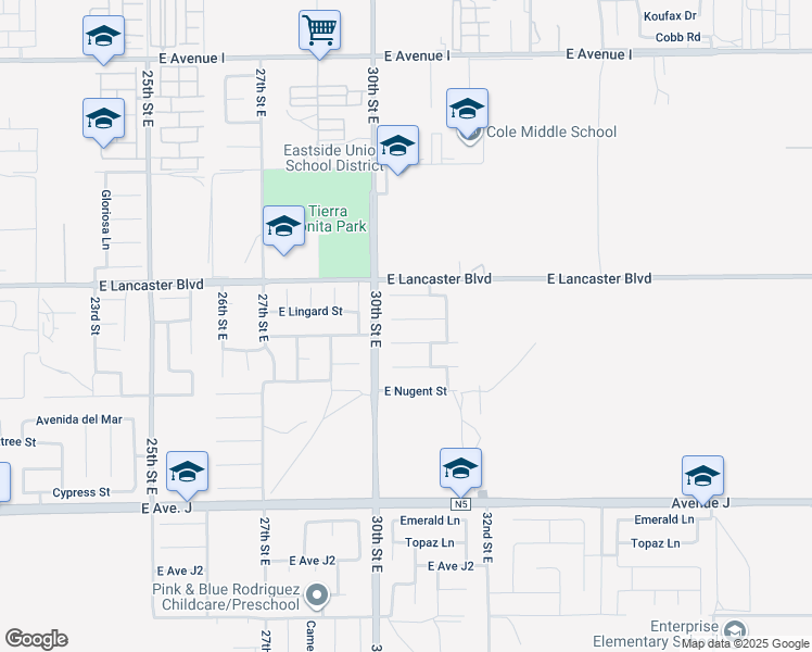 map of restaurants, bars, coffee shops, grocery stores, and more near 3034 Via De Flores in Lancaster