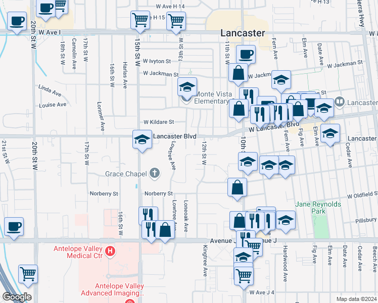 map of restaurants, bars, coffee shops, grocery stores, and more near 1231 West Lumber Street in Lancaster
