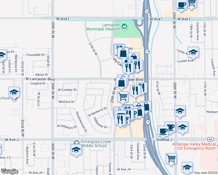 map of restaurants, bars, coffee shops, grocery stores, and more near 44707 Tarragon Drive in Lancaster