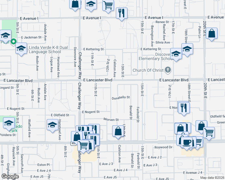 map of restaurants, bars, coffee shops, grocery stores, and more near 44707 12th Street East in Lancaster