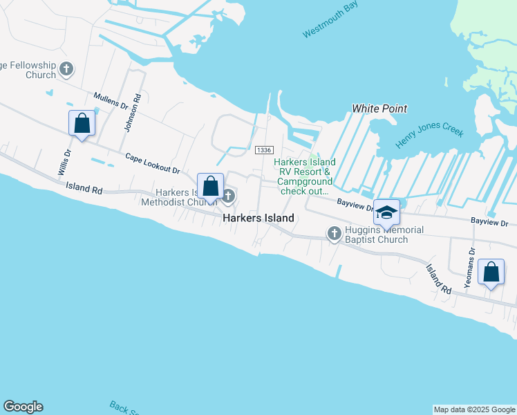map of restaurants, bars, coffee shops, grocery stores, and more near 147 Old Ferry Dock Rd in Harkers Island