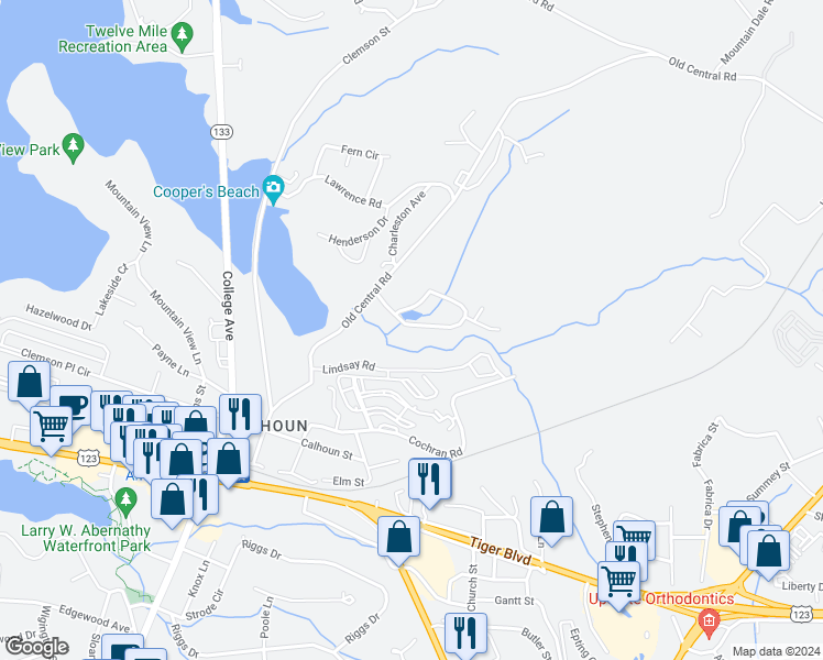 map of restaurants, bars, coffee shops, grocery stores, and more near 900 Creekside Drive in Clemson