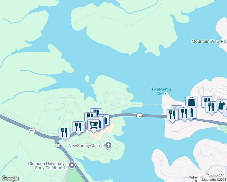 map of restaurants, bars, coffee shops, grocery stores, and more near Highway 28 South in Seneca