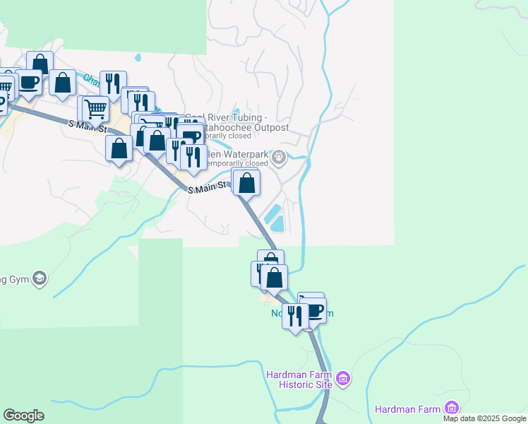 map of restaurants, bars, coffee shops, grocery stores, and more near 7275 South Main Street in Helen