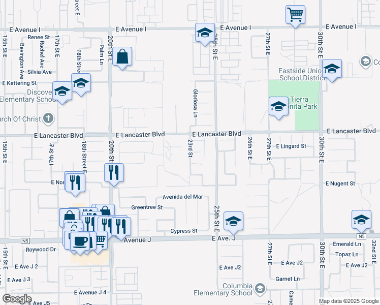 map of restaurants, bars, coffee shops, grocery stores, and more near 23rd Street in Lancaster