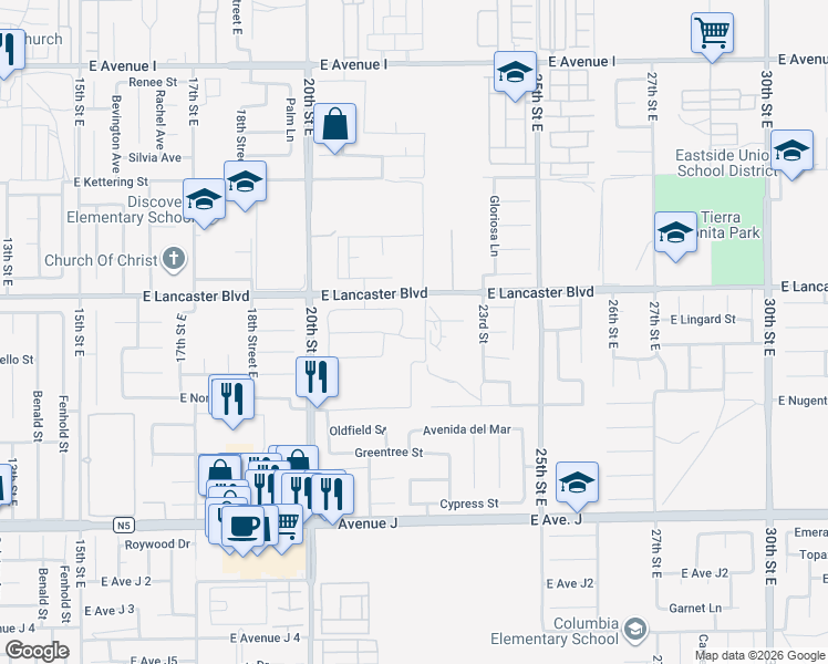 map of restaurants, bars, coffee shops, grocery stores, and more near 2153 East Newgrove Street in Lancaster