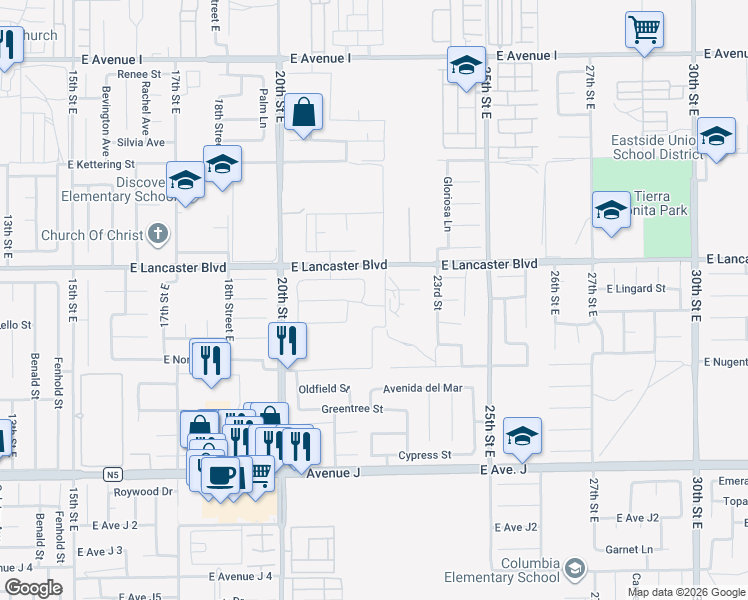 map of restaurants, bars, coffee shops, grocery stores, and more near 2153 East Newgrove Street in Lancaster