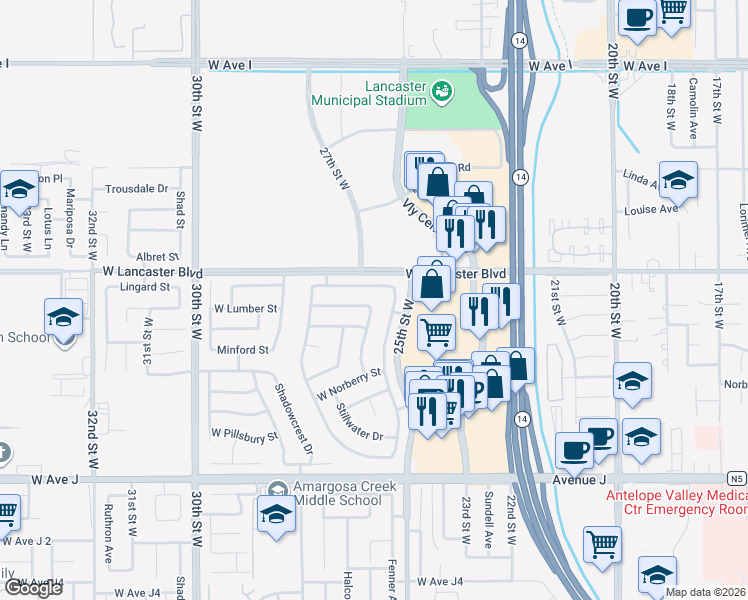 map of restaurants, bars, coffee shops, grocery stores, and more near 2535 West Lumber Street in Lancaster