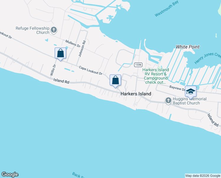 map of restaurants, bars, coffee shops, grocery stores, and more near 122 Sandfiddler Lane in Harkers Island