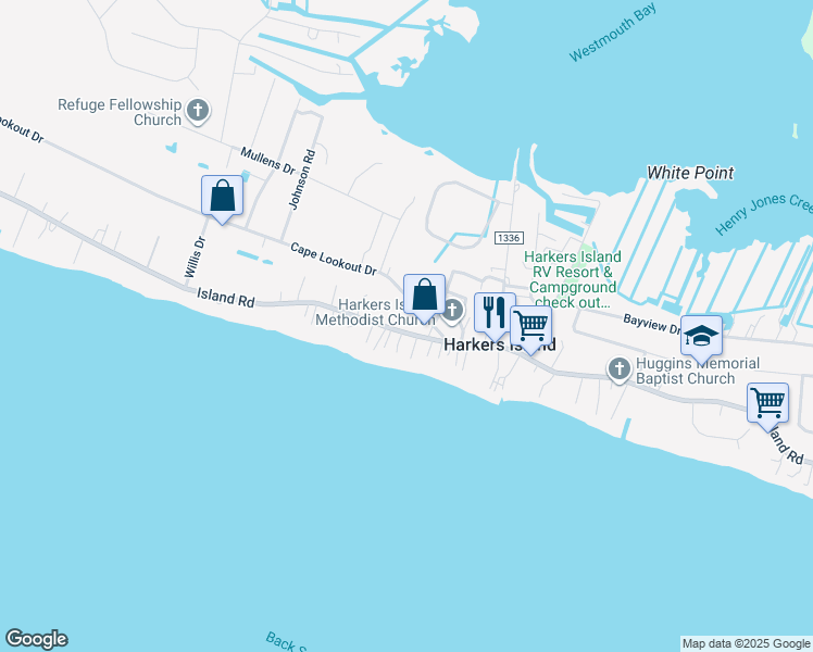 map of restaurants, bars, coffee shops, grocery stores, and more near 899 Island Road in Harkers Island
