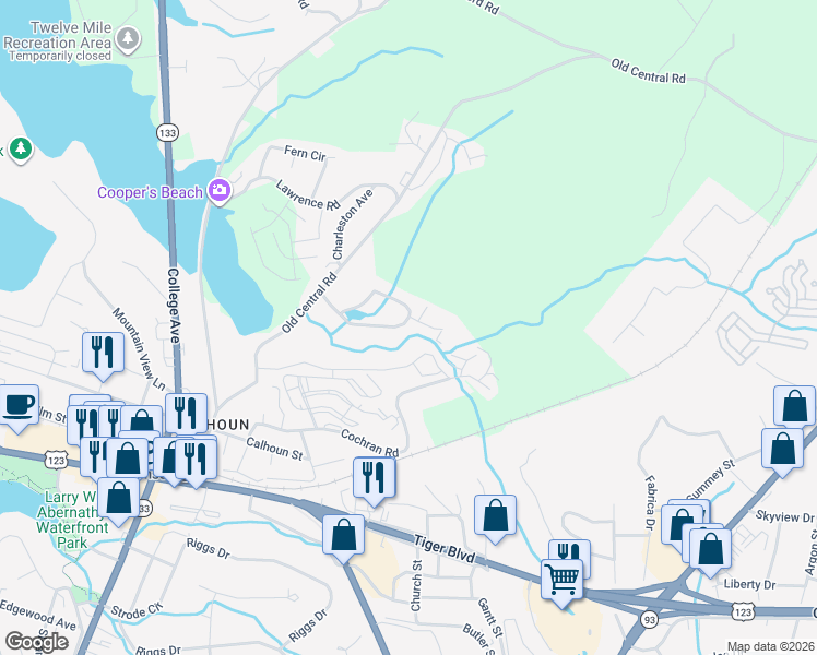 map of restaurants, bars, coffee shops, grocery stores, and more near 812 Creekside Drive in Clemson