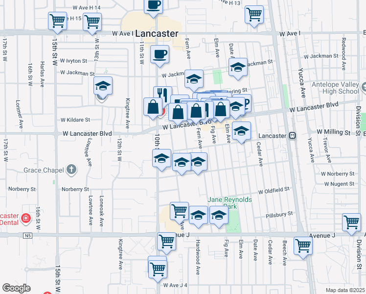map of restaurants, bars, coffee shops, grocery stores, and more near 44807 Gadsden Avenue in Lancaster