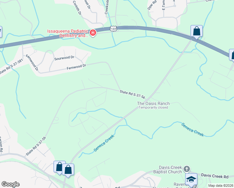 map of restaurants, bars, coffee shops, grocery stores, and more near 1310 Davis Mill Road in Seneca