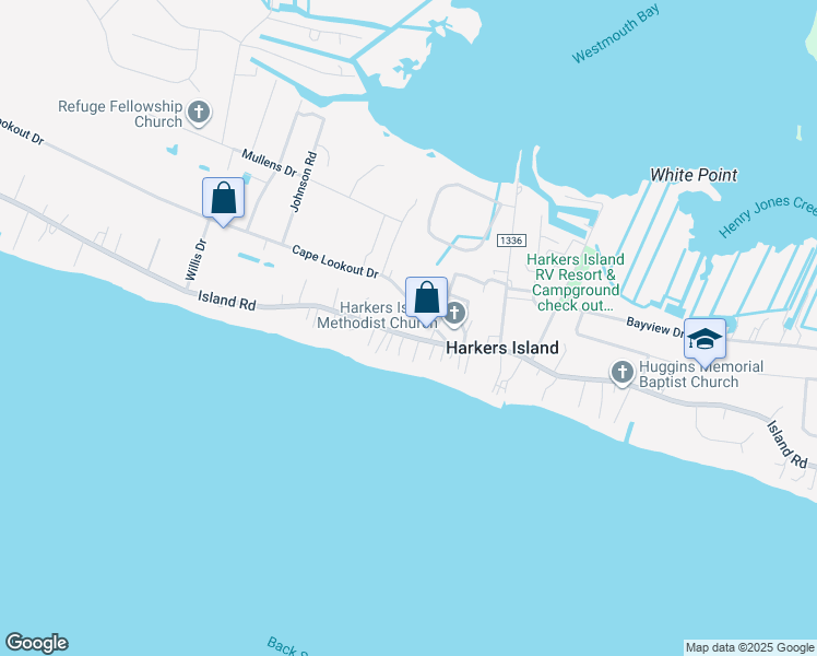 map of restaurants, bars, coffee shops, grocery stores, and more near 899 Island Road in Harkers Island
