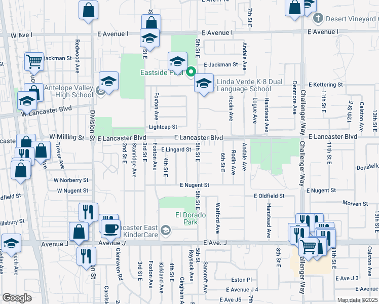 map of restaurants, bars, coffee shops, grocery stores, and more near 458 East Lingard Street in Lancaster