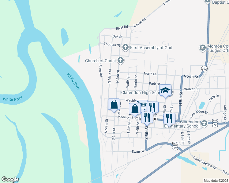 map of restaurants, bars, coffee shops, grocery stores, and more near 412 North Main Street in Clarendon