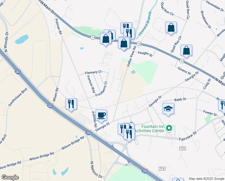 map of restaurants, bars, coffee shops, grocery stores, and more near 300 Frostberry Court in Fountain Inn