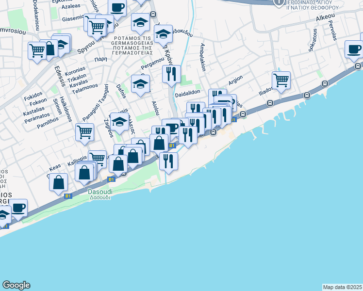 map of restaurants, bars, coffee shops, grocery stores, and more near Georgiou A' in Germasogeia