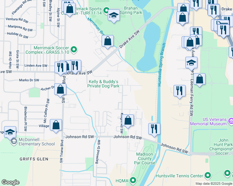 map of restaurants, bars, coffee shops, grocery stores, and more near 2907 Hood Road Southwest in Huntsville