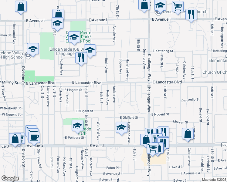 map of restaurants, bars, coffee shops, grocery stores, and more near 44727 Andale Avenue in Lancaster