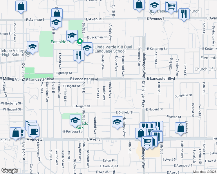 map of restaurants, bars, coffee shops, grocery stores, and more near 44727 Andale Avenue in Lancaster