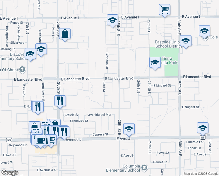map of restaurants, bars, coffee shops, grocery stores, and more near 2319 East Newgrove Street in Lancaster