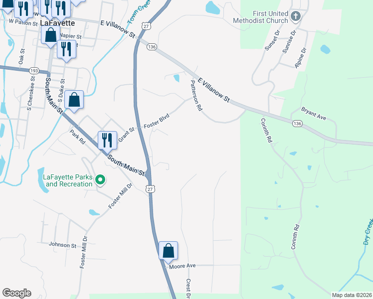 map of restaurants, bars, coffee shops, grocery stores, and more near 217 Foster Boulevard in LaFayette