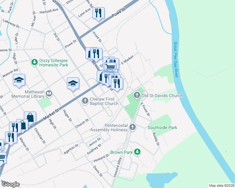 map of restaurants, bars, coffee shops, grocery stores, and more near 116 2nd Street in Cheraw