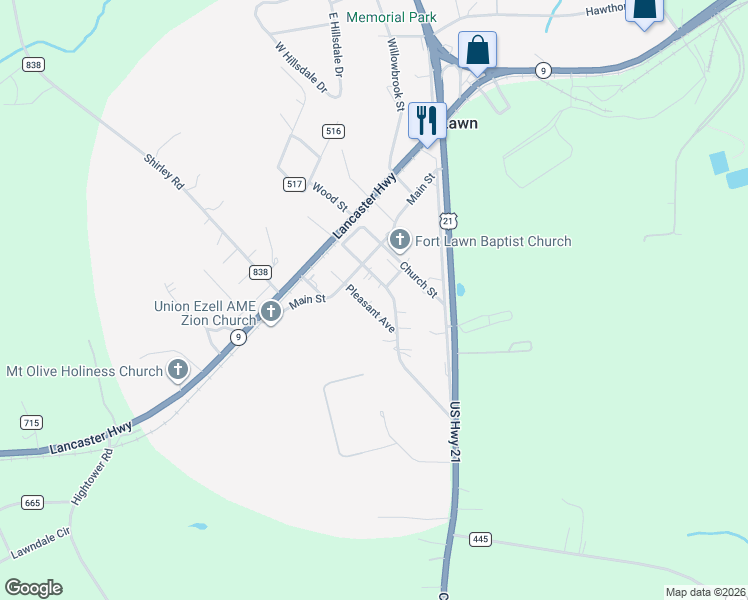 map of restaurants, bars, coffee shops, grocery stores, and more near 5813 Oak Street in Fort Lawn