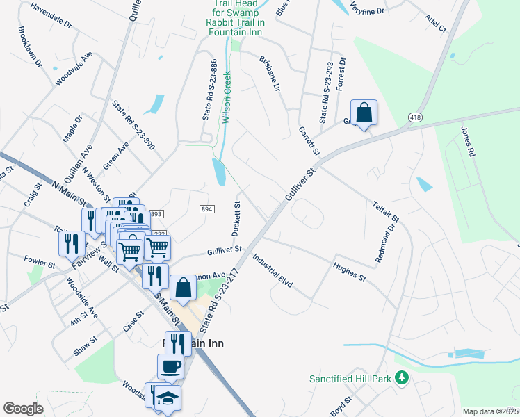 map of restaurants, bars, coffee shops, grocery stores, and more near 501 Gulliver Street in Fountain Inn