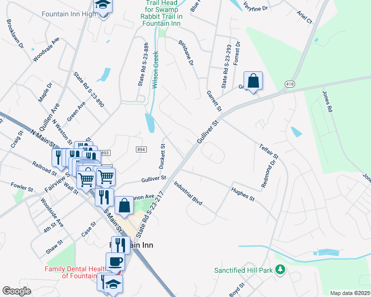 map of restaurants, bars, coffee shops, grocery stores, and more near 501 Gulliver Street in Fountain Inn