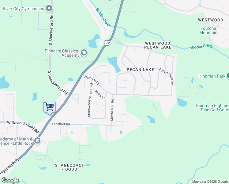 map of restaurants, bars, coffee shops, grocery stores, and more near 5917 Timberside Road in Little Rock