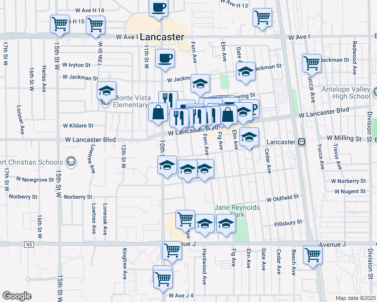 map of restaurants, bars, coffee shops, grocery stores, and more near 44807 Gadsden Avenue in Lancaster