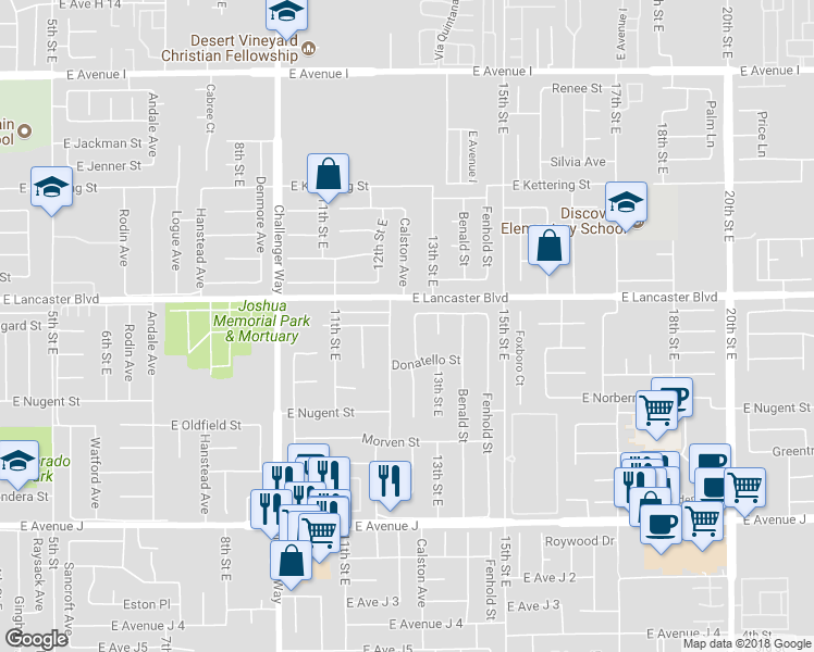 map of restaurants, bars, coffee shops, grocery stores, and more near 44741 Calston Avenue in Lancaster