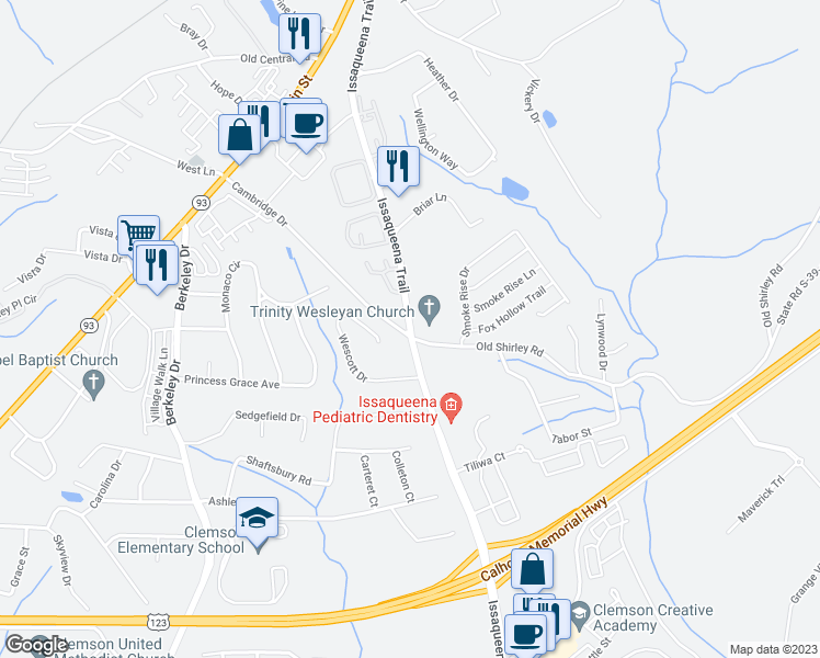 map of restaurants, bars, coffee shops, grocery stores, and more near 701 Issaqueena Trail in Central