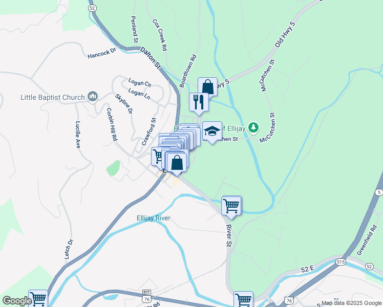 map of restaurants, bars, coffee shops, grocery stores, and more near 128 North Main Street in Ellijay